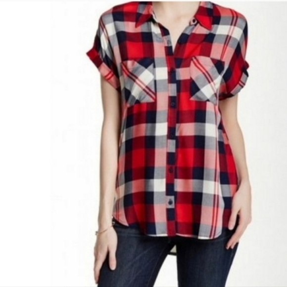 Como Vintage Sleeveless Red White Blue Flannel Plaid Button Down Vest Top - Picture 1 of 8